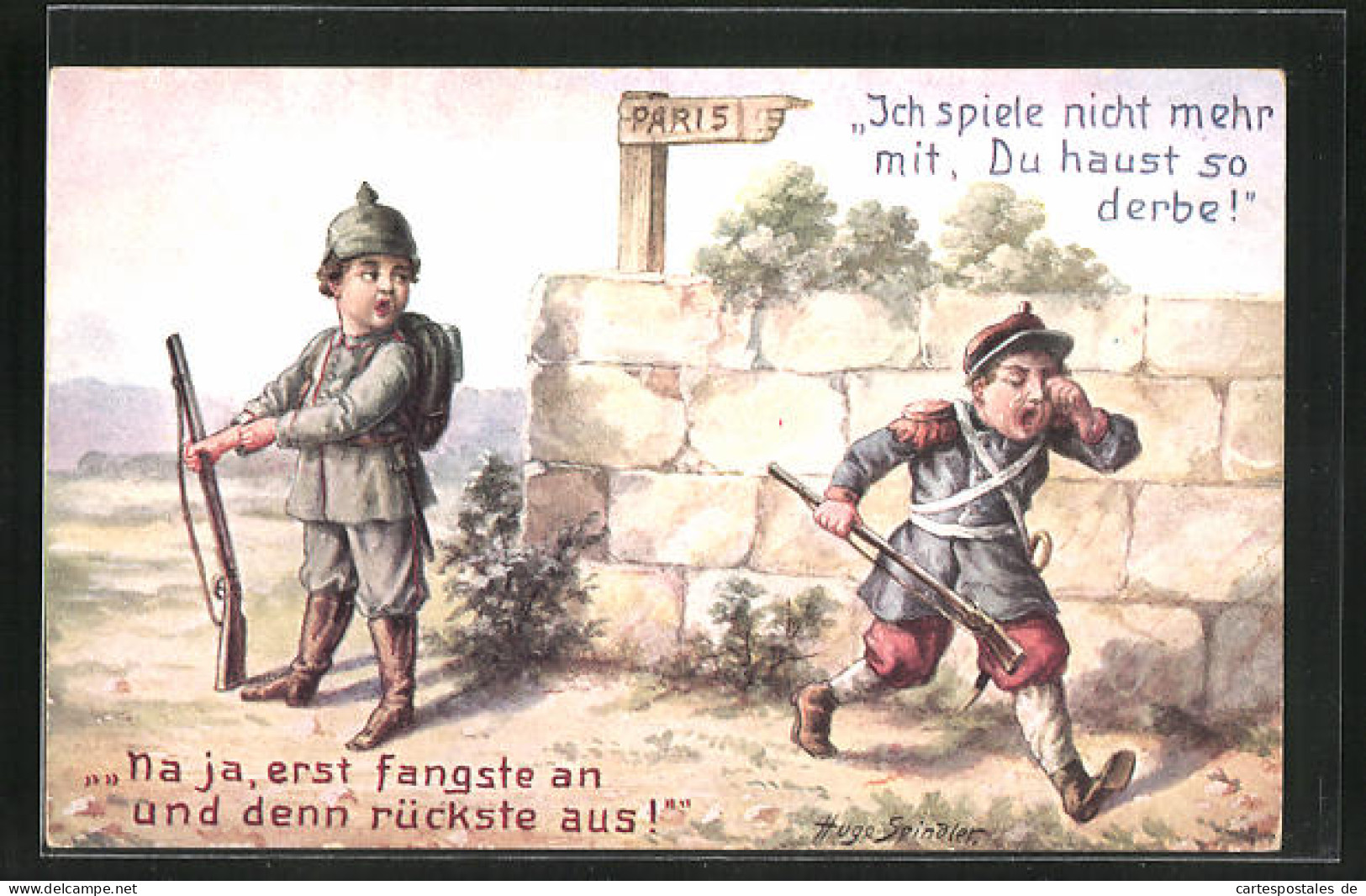 Künstler-AK Sign. Hugo Spinaler: Kleine Knaben In Weltkriegsuniformen, Kinder Kriegspropaganda  - War 1914-18