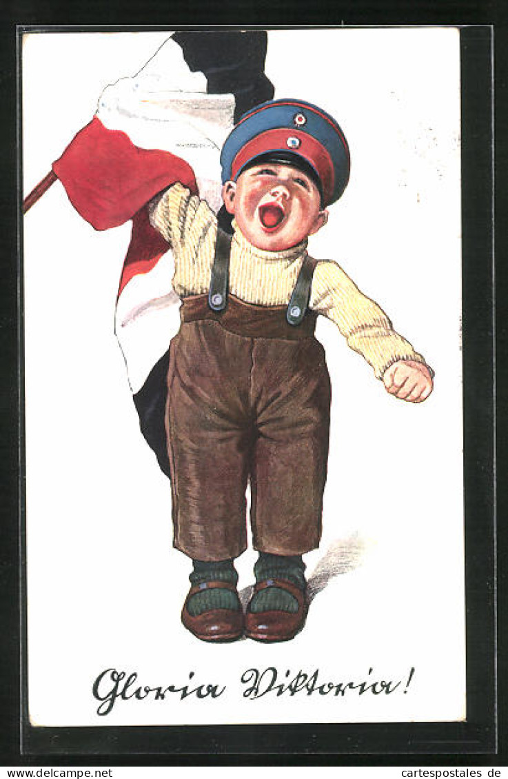 Künstler-AK P. O. Engelhard (P.O.E.) Unsign.: Gloria Viktoria, Junge Mit Kaiserreichsflagge  - Engelhard, P.O. (P.O.E.)