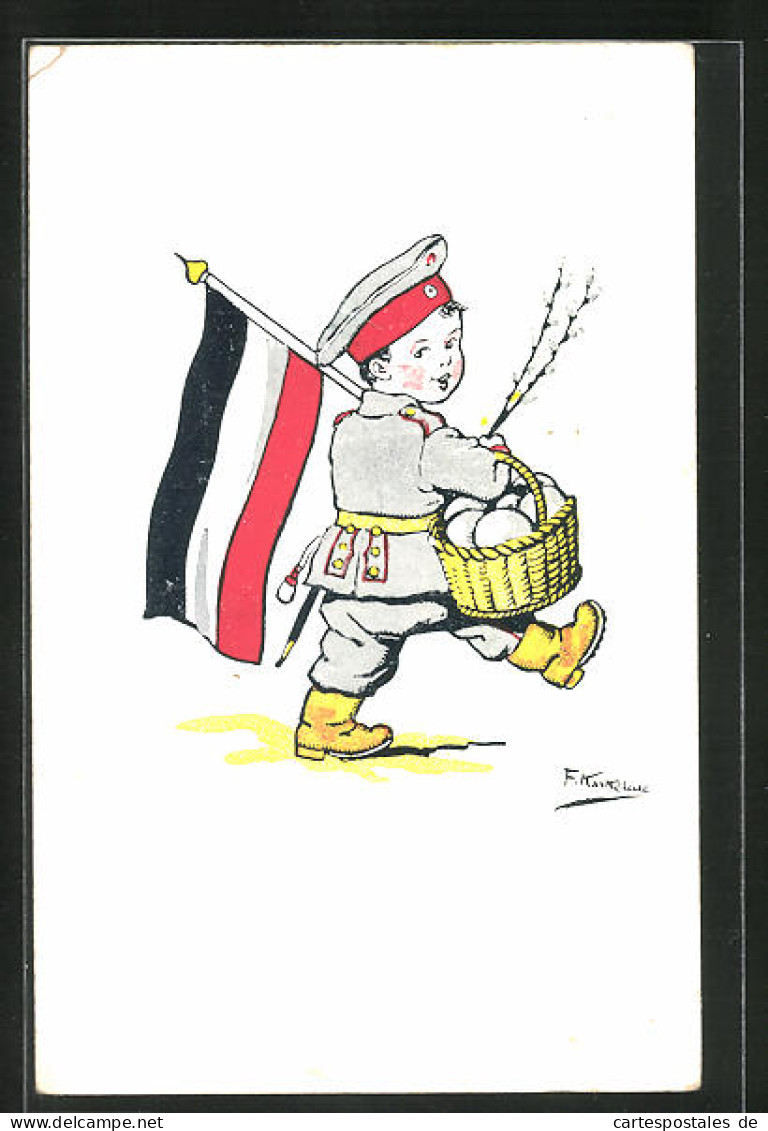 Künstler-AK Friedrich Kaskeline: Kleines Kind Mit Korb In Uniform  - War 1914-18