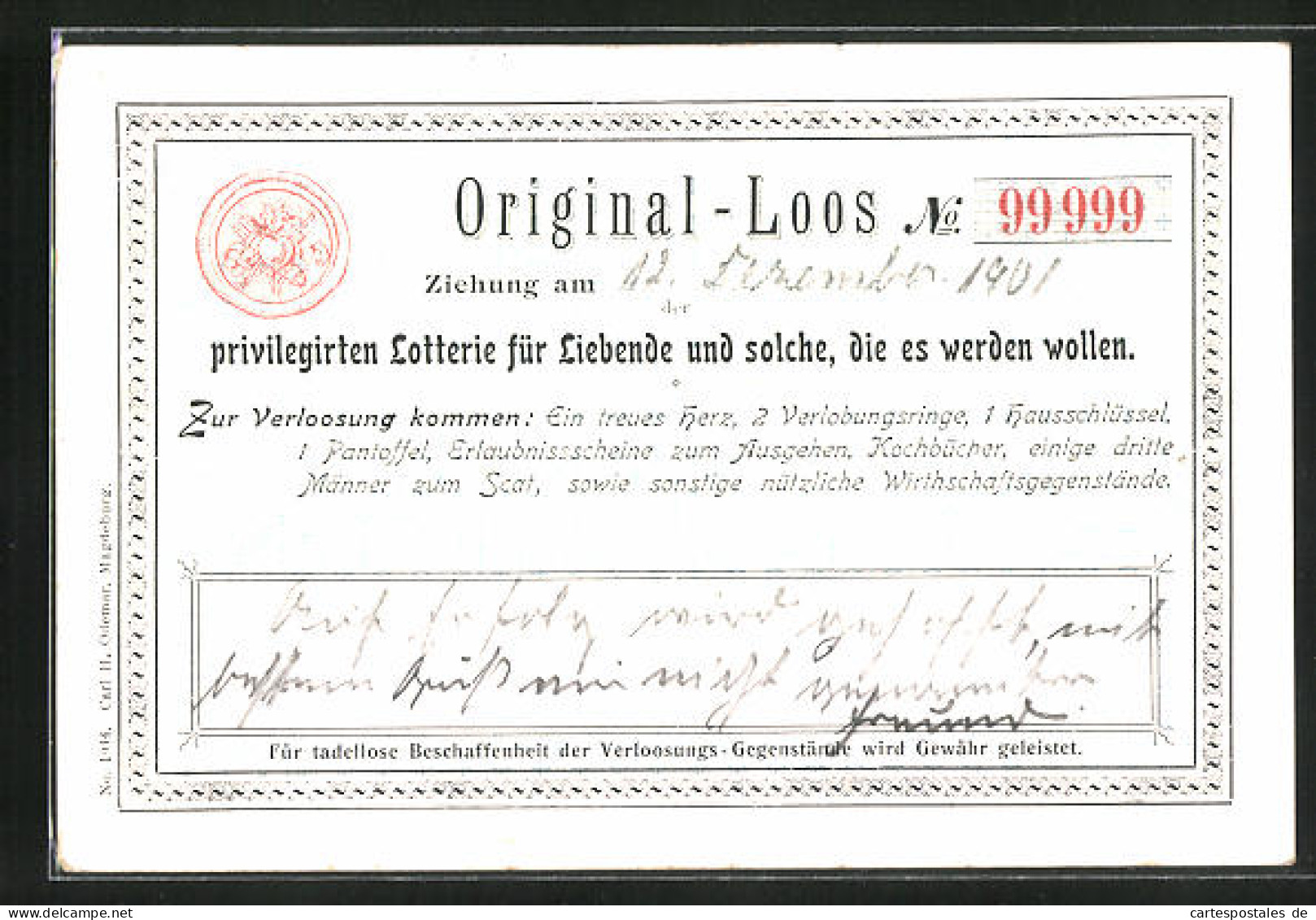 AK Original-Loos Der Privilegirten Lotterie Für Liebende  - Other & Unclassified