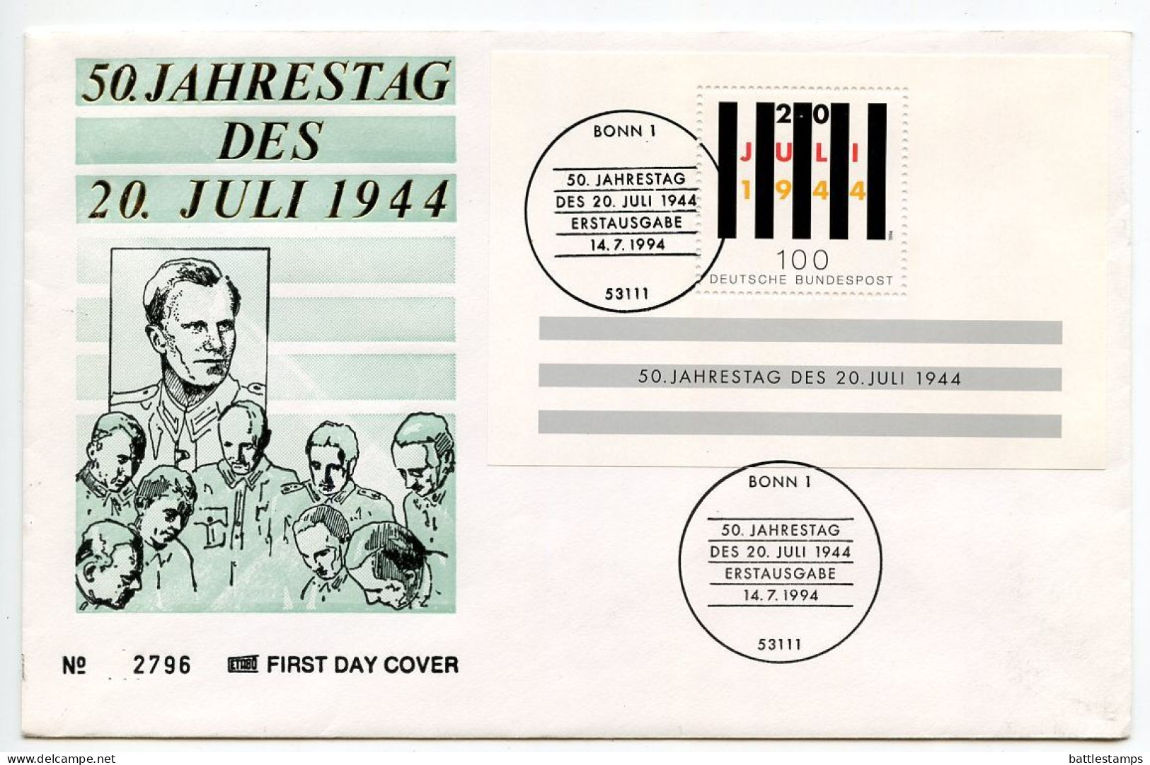 Germany 1994 FDC Scott 1836 S/S 50th Anniversary Of Attempt To Assassinate Hitler - 1991-2000