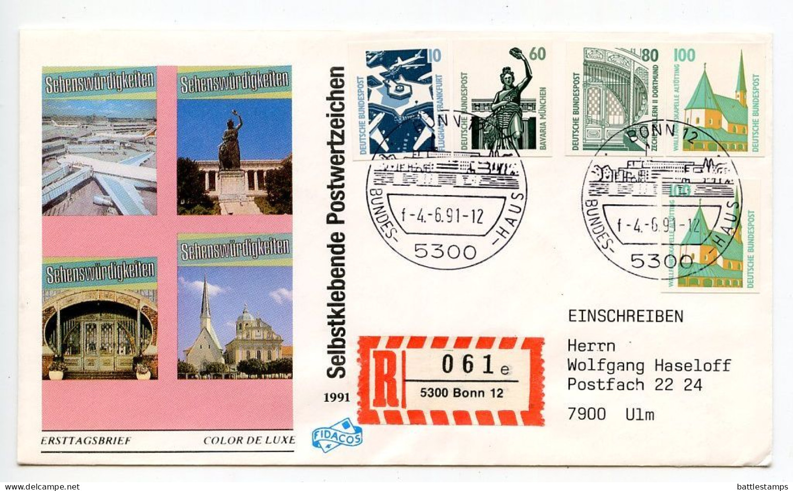 Germany 1991 Registered FDC Scott 1655, 1659, 1661, 1663 Historic Sites - Self-Adhesive Stamps - 1991-2000