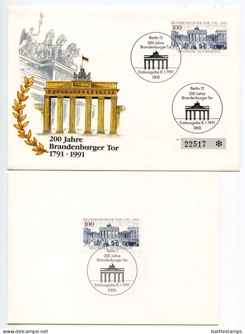 Germany 1991 2 FDCs Scott 1622 Brandenburg Gate Bicentennial - 1991-2000