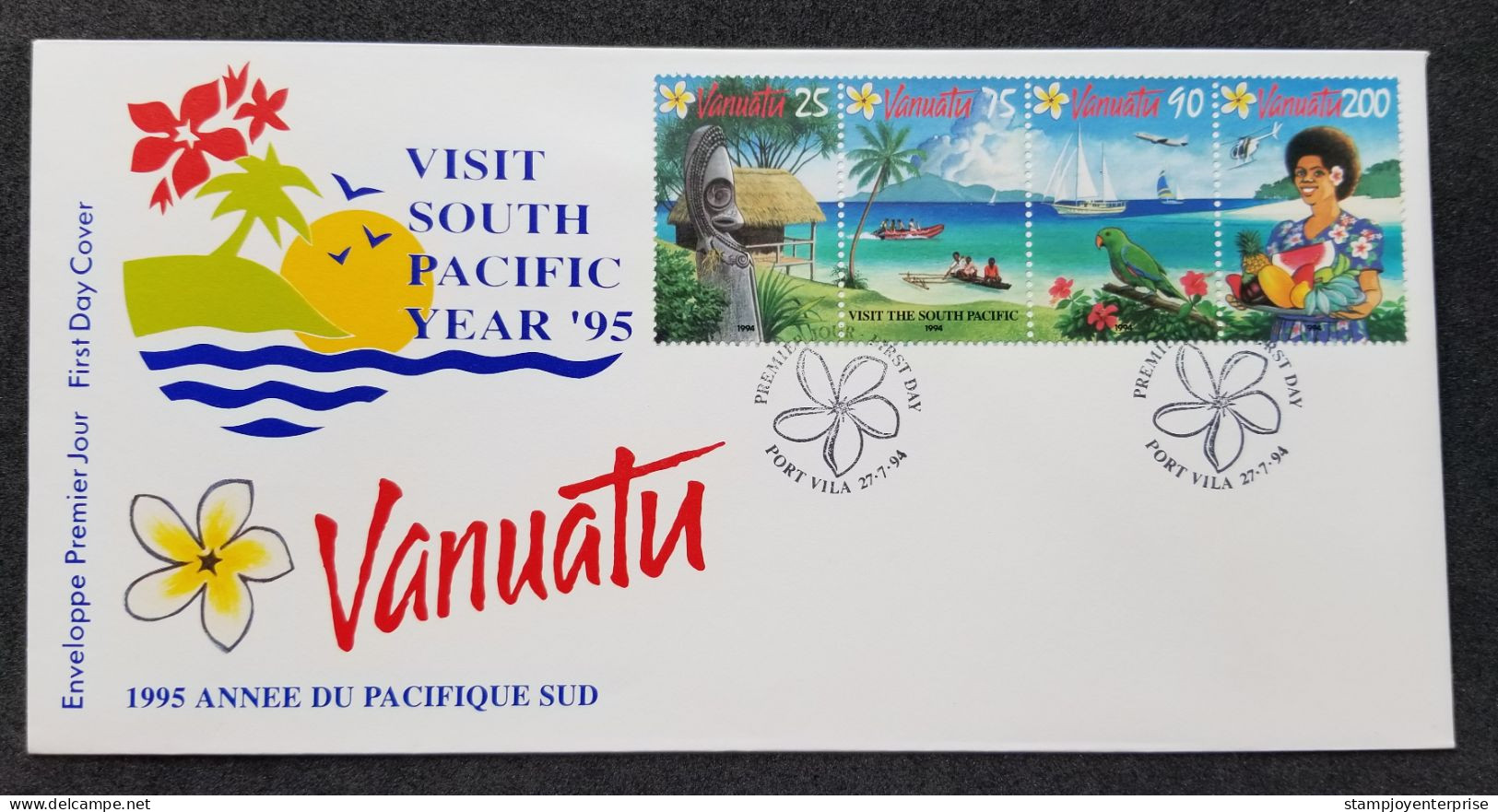 Vanuatu Visit South Pacific Year '95 1994 Fruits Sailing Ship Beach Parrot Bird House Helicopter Airplane Food (FDC) - Vanuatu (1980-...)