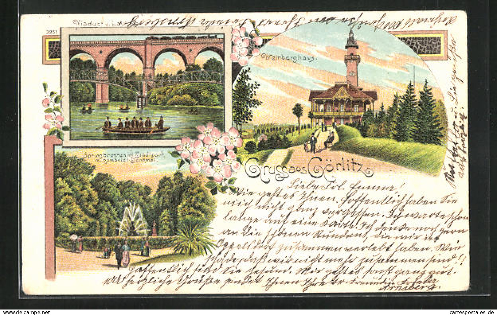 Lithographie Görlitz, Weinberghaus, Springbrunnen Im Park, Humboldt-Denkmal  - Goerlitz