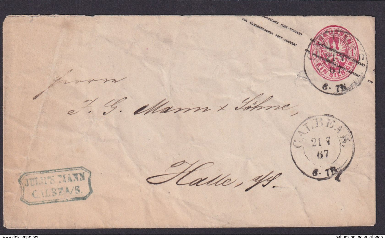 Altdeutschland Preussen 1 Sgr. Ganzsache K2 Calbe A.S. Saale Halle - Postal  Stationery