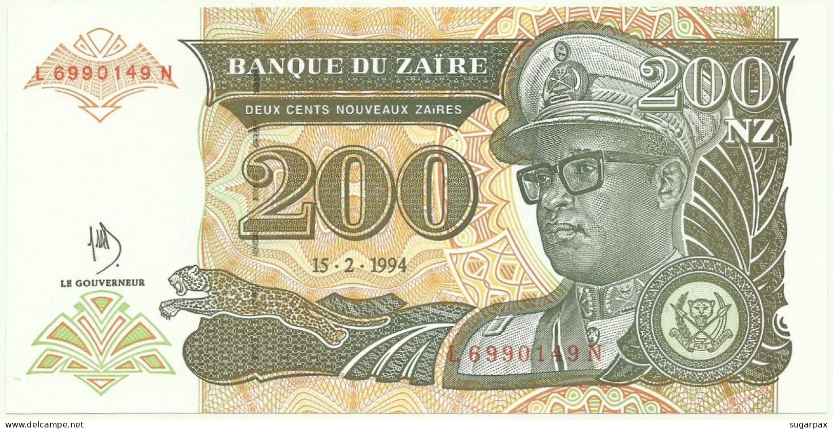 Zaïre - 200 Nouveaux Zaïres - 15.02.1994 - Pick 61 - Unc. - Printer: HdMZ - Sign. 10 - Prefix L , Sufix N - Mobutu - Zaïre