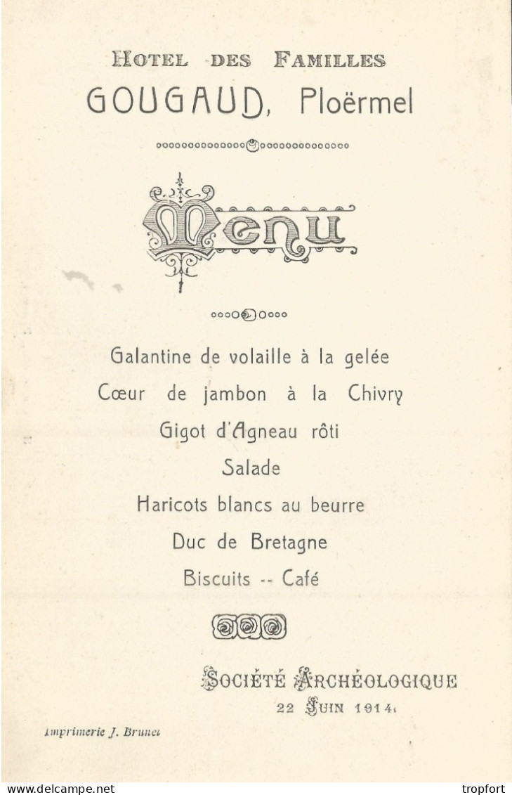 MENU  Hotel Des Familles GOUGAUD  PLOERMEL  1914 Société Archéologique - Menus