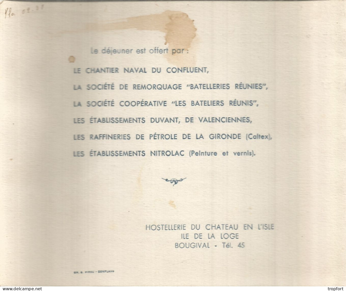 MENU  INAUGURATION Du Bateau Remorqueur BATELIER DELFINE BOUGIVAL 1952 Hostellerie Du Chateau En L'isle - Menus