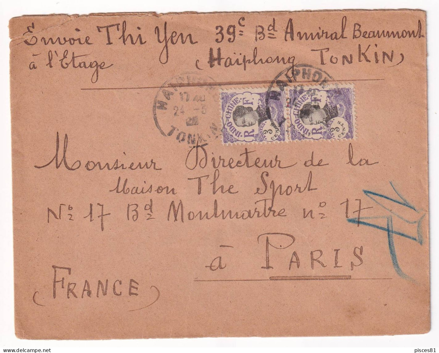 Indochine Cover From Haiphong, Tonkin To Paris, France - Lettres & Documents