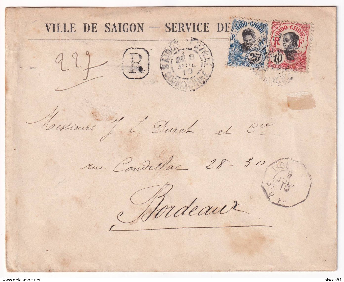 1910 Indochine Registered Cover From SAIGON To BORDEAUX, Ligne N Paquebot - Covers & Documents