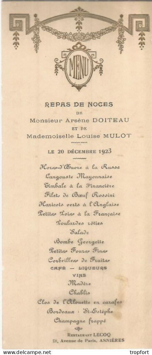 MENU RESTAURANT LE COQ ASNIERES  1923 Noces DOITEAU   MULOT - Menú