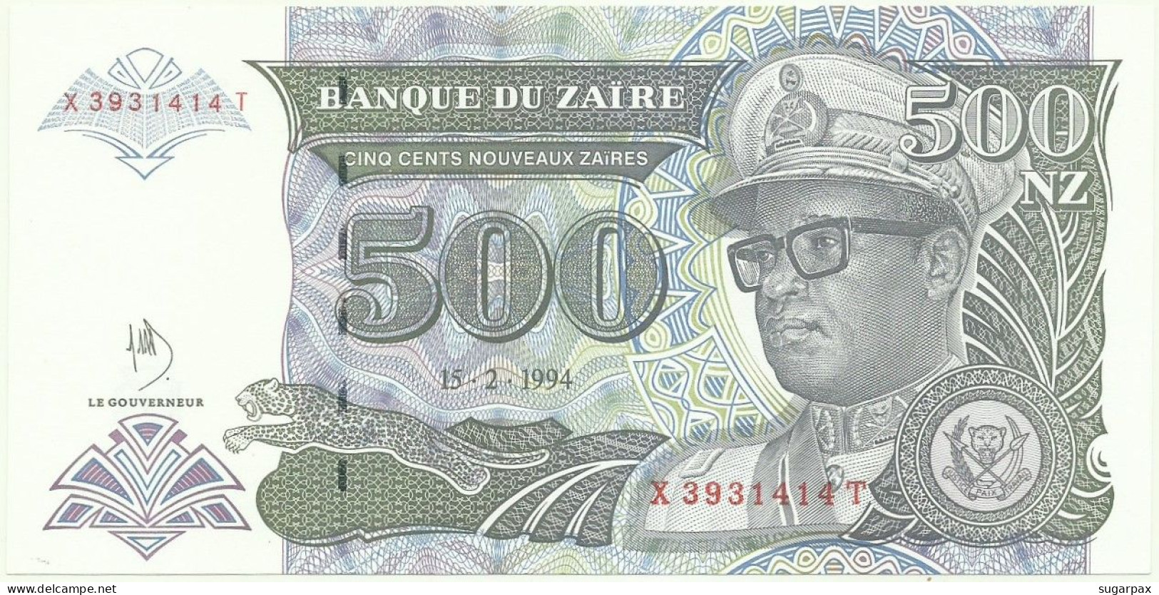 Zaïre - 500 Nouveaux Zaïres - 15.02.1994 - Pick 64A - Unc. - Prefix X ( Printed In Argentina ) Printer: HdMZ - Sign. 10 - Zaïre