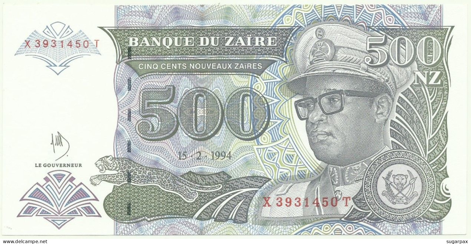 Zaïre - 500 Nouveaux Zaïres - 15.02.1994 - Pick 64A - Unc. - Prefix X ( Printed In Argentina ) Printer: HdMZ - Sign. 10 - Zaire