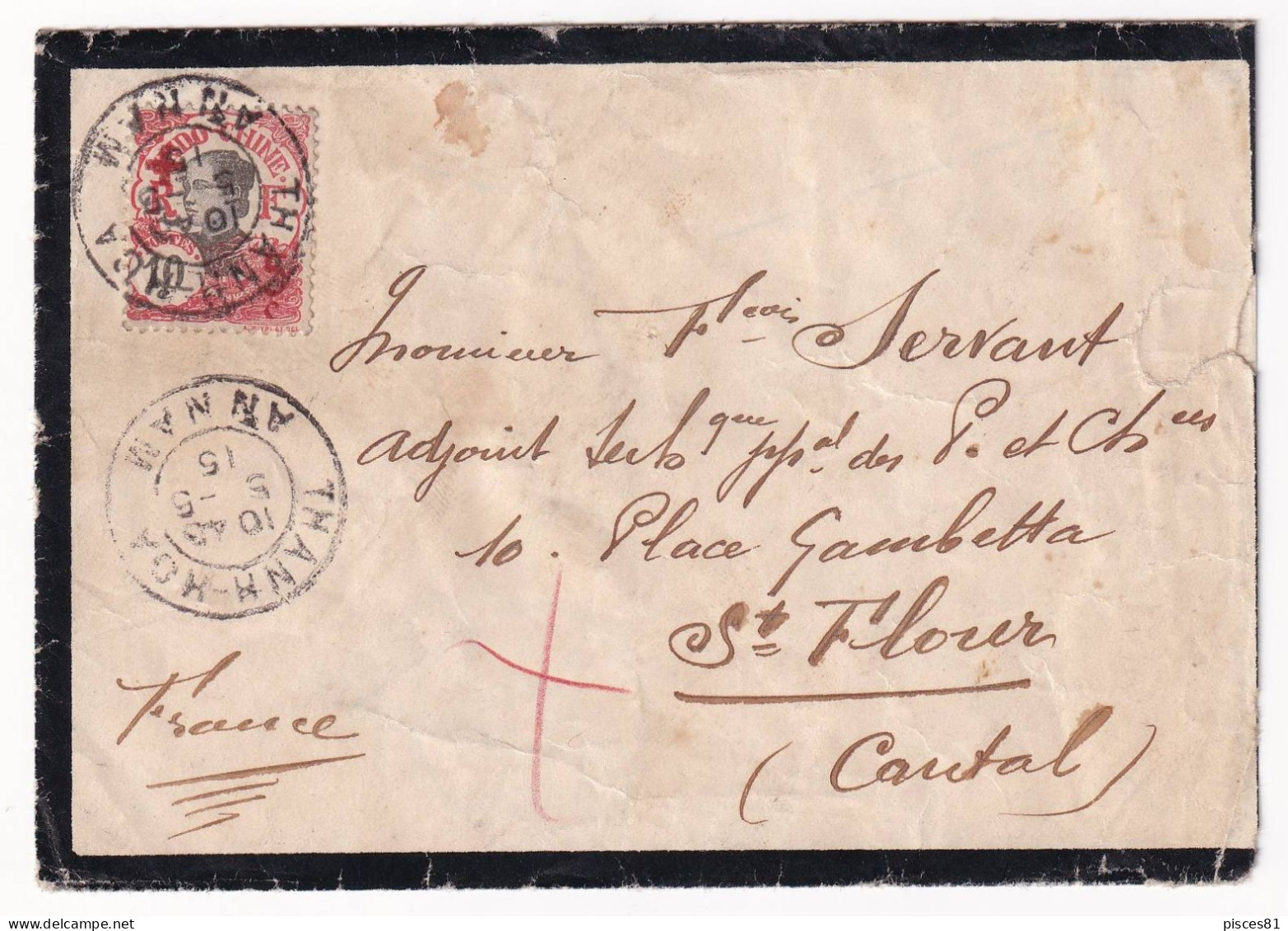 Mourning Stationery From THANH-HOA, ANNAM To CANTAL, Red Cross Surcharge - Lettres & Documents