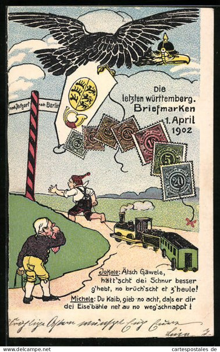 AK Die Letzten Württembergischen Briefmarken 1. April 1902, Jokele Und Michele  - Briefmarken (Abbildungen)