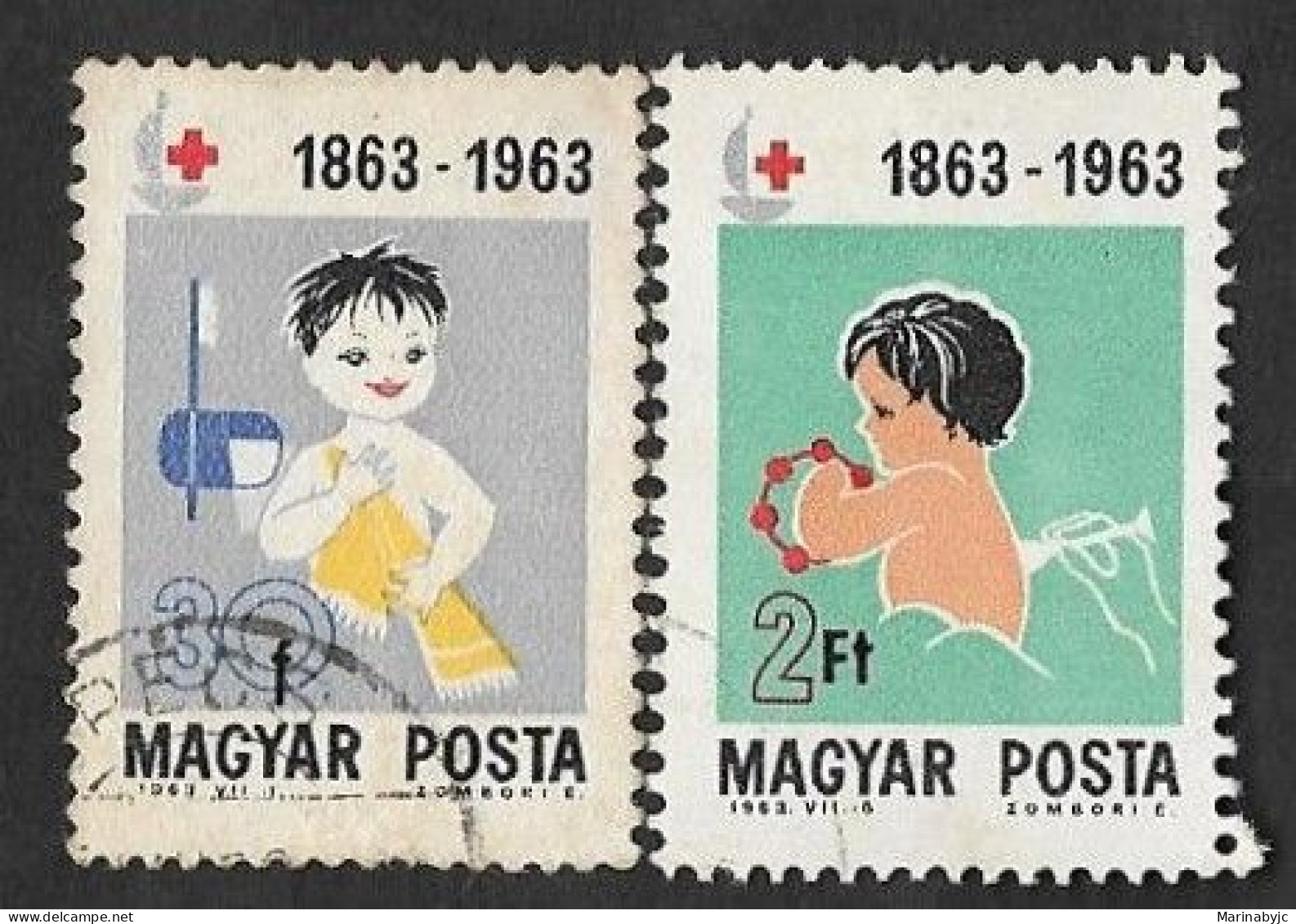 SE)1963 HUNGARY CENTENARY OF THE RED CROSS, CHILDREN, 2 USED STAMPS - Other & Unclassified