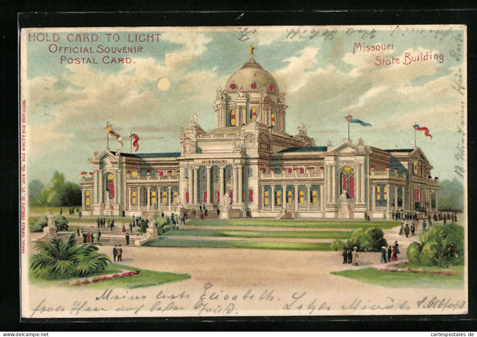 Lithographie St. Louis, Wold`s Fair 1904, Missouri State Building, Halt Gegen Das Licht Mit Leuchtenden Fenstern  - Tentoonstellingen