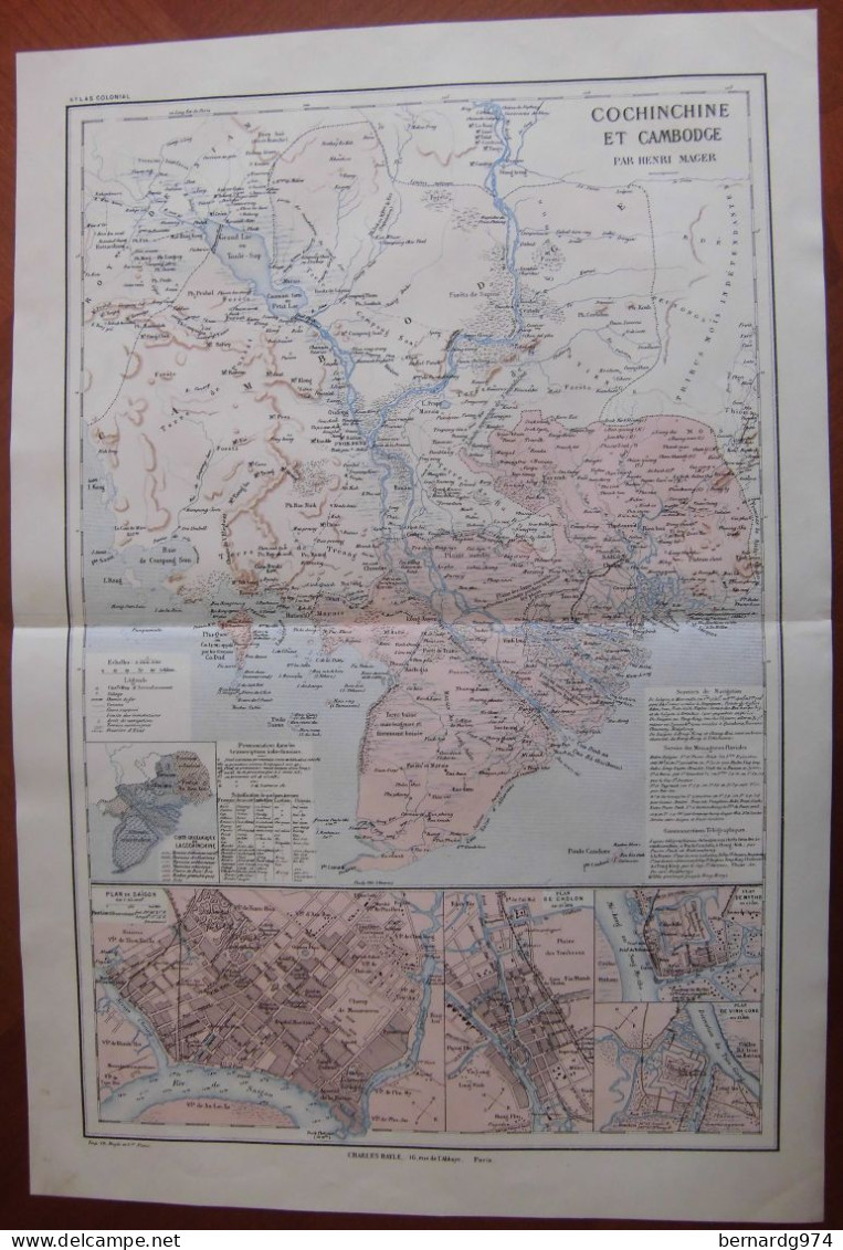 Vietnam Cambodge Tonkin : trois grandes cartes par Mager (1890)