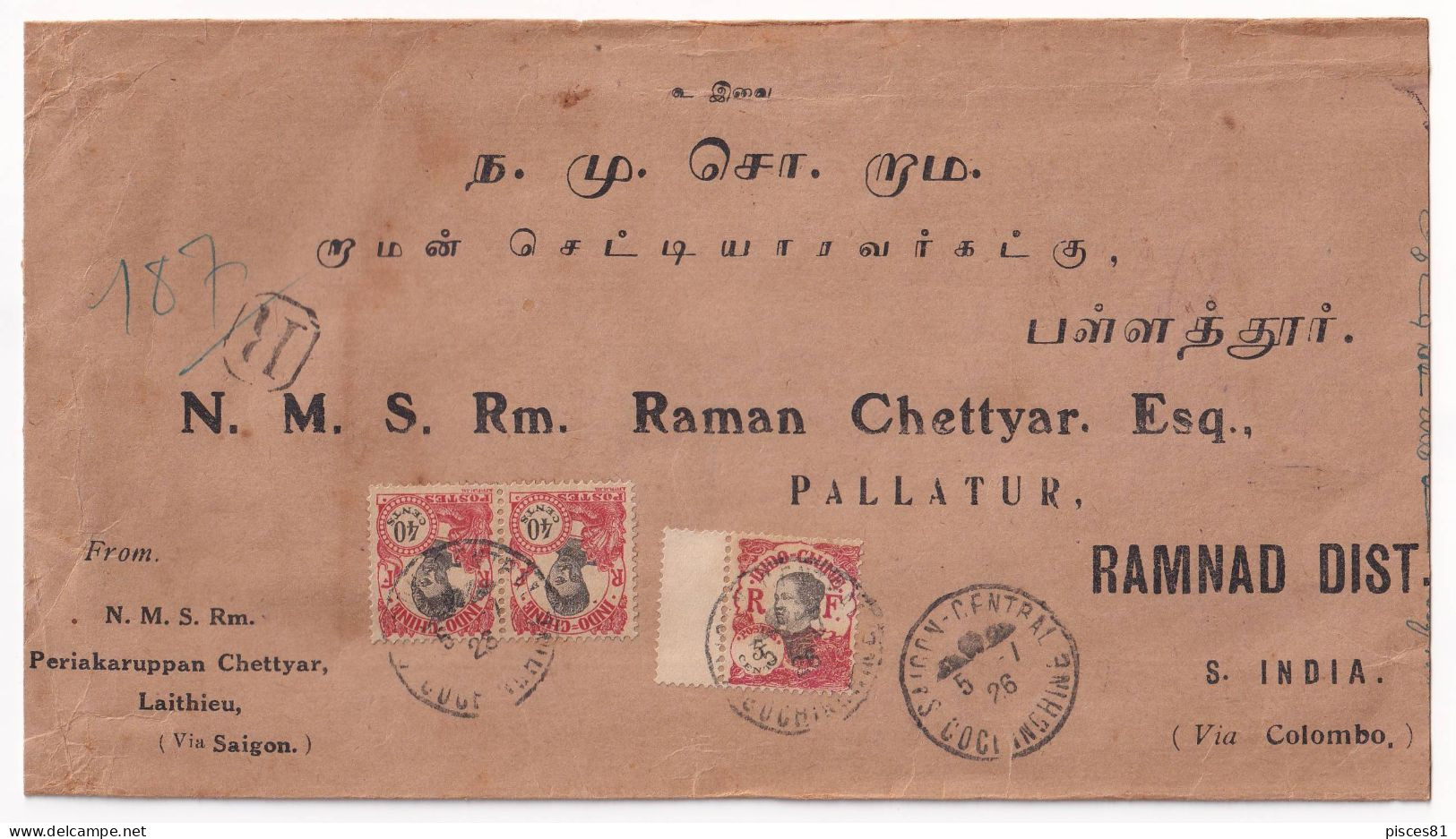 1926 Cover Of Chettyar From SAIGON To RAMNAD, INDIA - Lettres & Documents