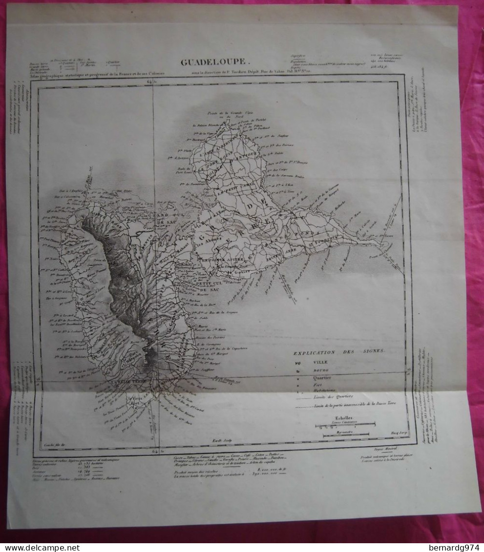 Guadeloupe : Carte Très Détaillée De 1830 Par Tardieu Avec Statistiques En Marge - Cartes Géographiques