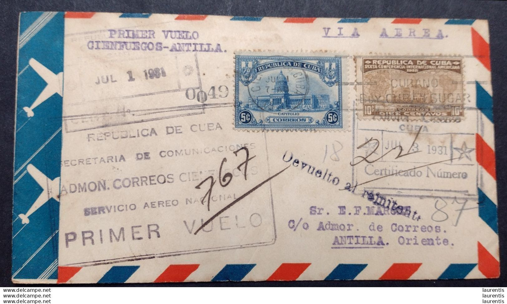 D575. First Flight Cienfuegos-Antilla - Registered On July 1st, 1931 - Only 14 Covers Are Known - 215,00 - Airmail
