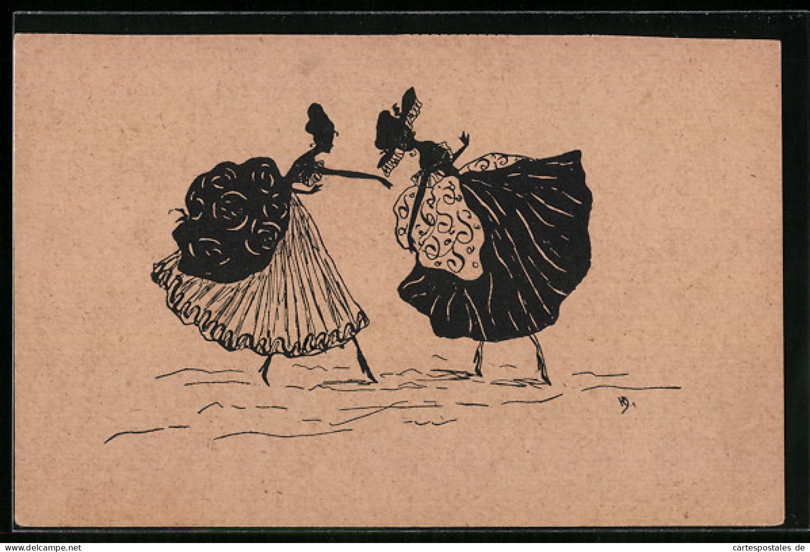 AK Zwei Schöne Frauen Beim Tanzen, Scherenschnitt  - Silhouetkaarten