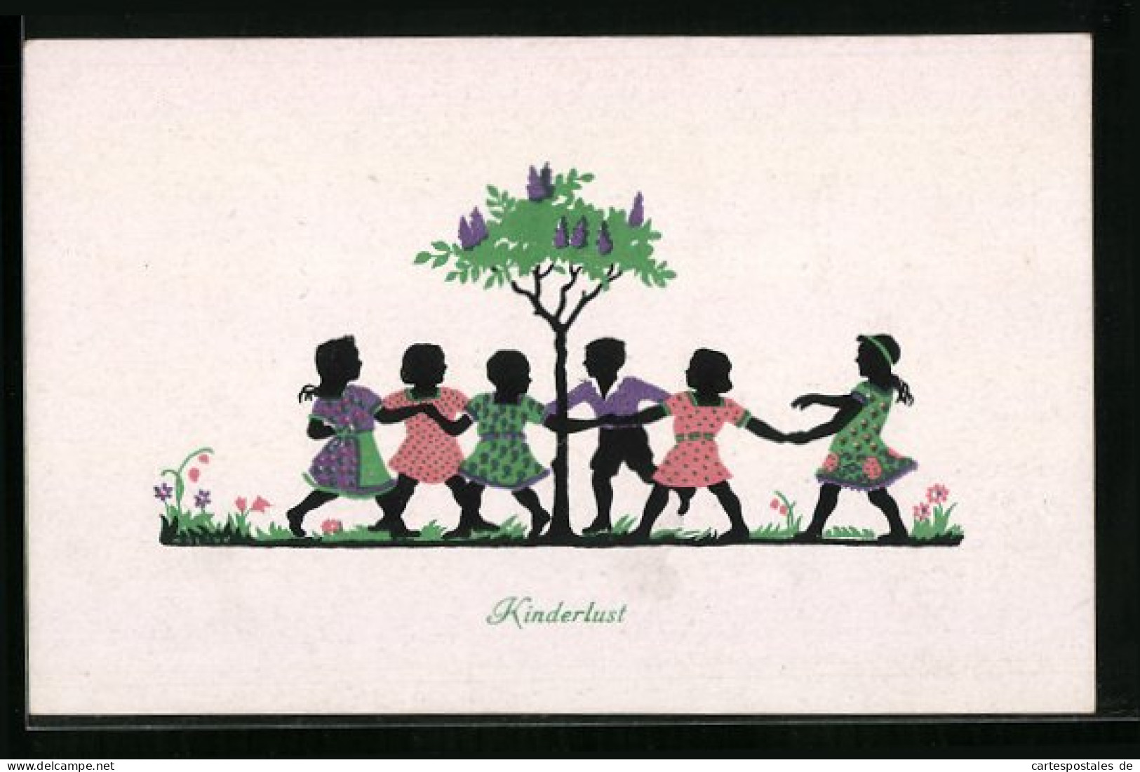 AK Kinderlust, Kinder Tanzen Im Einen Baum Herum, Scherenschnitt  - Silhouetkaarten