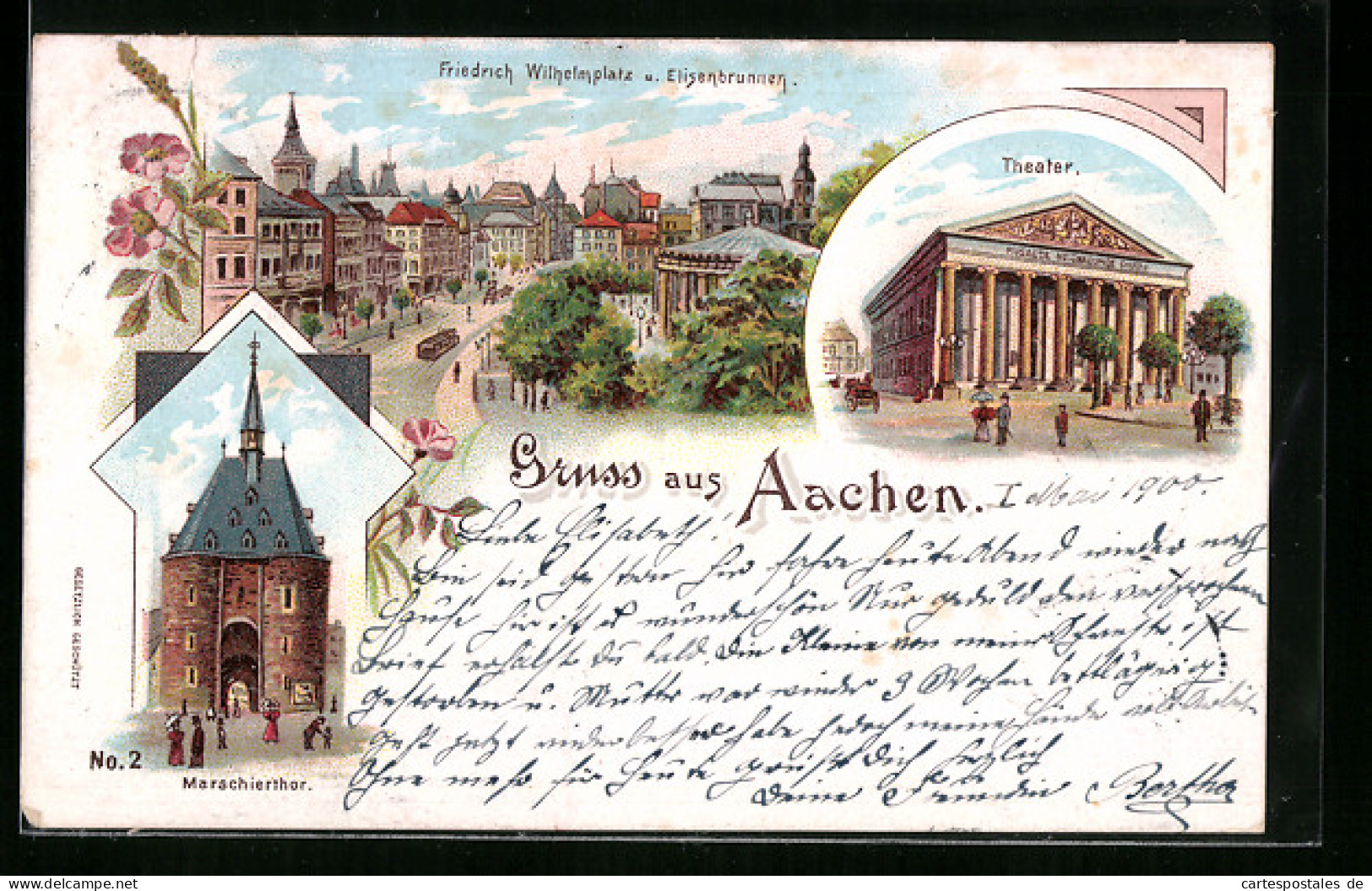 Lithographie Aachen, Vor Dem Theater, Das Marschierthor, Der Elisenbrunnen Auf Dem Friedrich Wilhelmplatz  - Théâtre