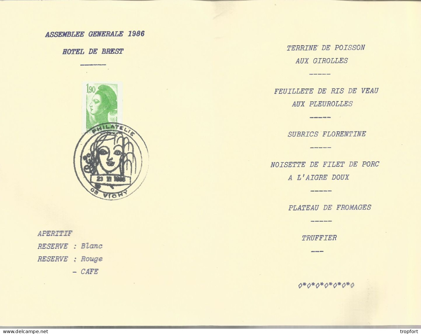 MENU HOTEL De BREST ASSEMBLEE GENERALE 1986 Timbre Marianne - Menükarten