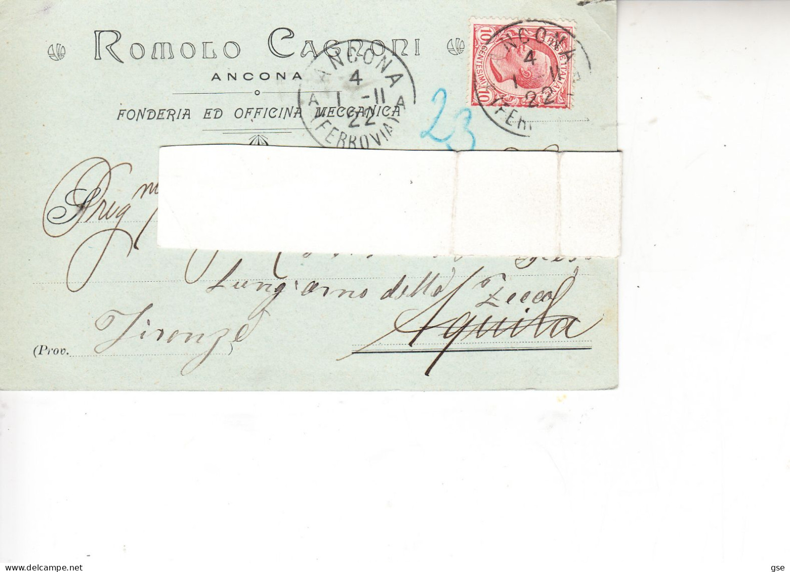 ITALIA   1911 - Cartolina  Privata  Da Ancona Ad Aquila - Marcophilie