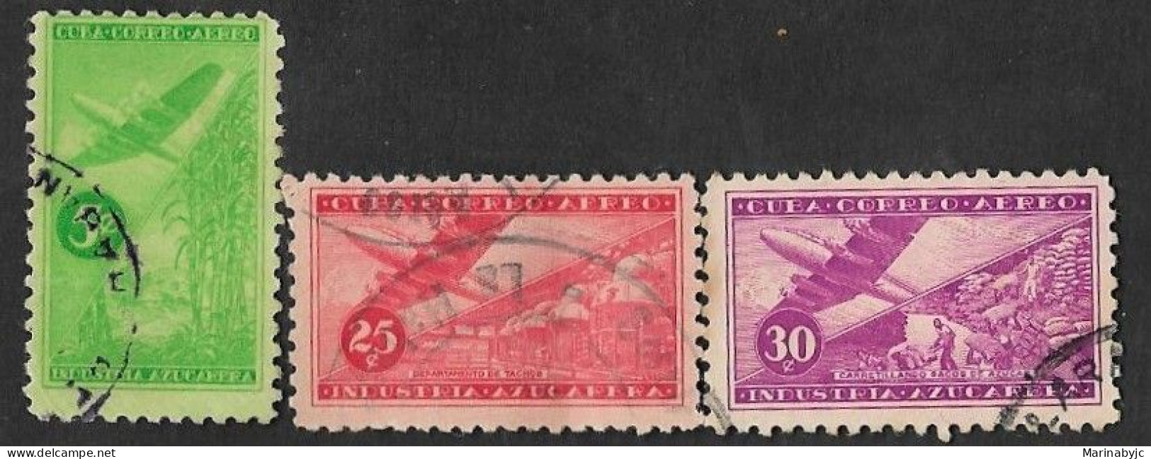 SE)1954 CUBA SUGAR INDUSTRY SERIES, AIRCRAFT AND EVAPORATORS, 3 USED STAMPS - Sonstige & Ohne Zuordnung