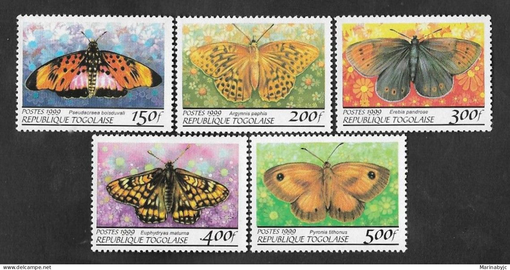 SE)1999 TOGO FAUNA, SHORT BUTTERFLIES SERIES, 5 MNH TIMBERS - Togo (1960-...)