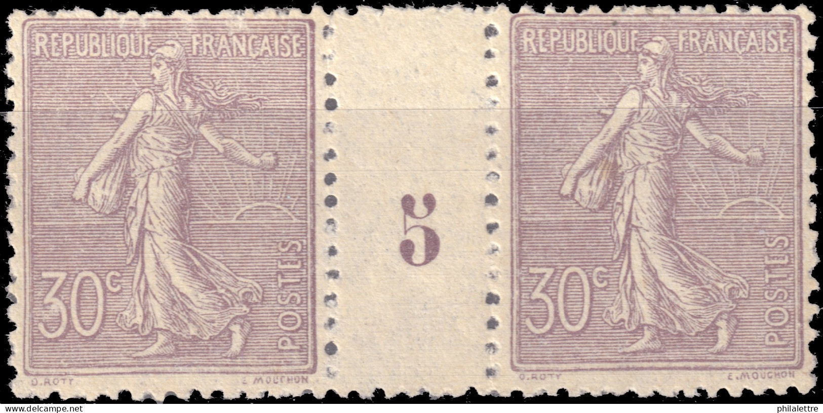 FRANCE - 1905 - Yv.133 30c Lilas Millésime 5 - 1 Timbre **, Charnière Sur Millésime, Touchant Le 2nd Timbre - 1903-60 Semeuse Lignée