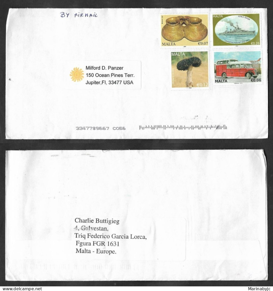 SE)2013 MALTA, STRAW MUSHROOM, WORLD WAR II SHIP SERIES, BRONZE AGE, OLD MALTA BUSES, AIRMAIL, COVER CIRCULATED THE USA, - Malta