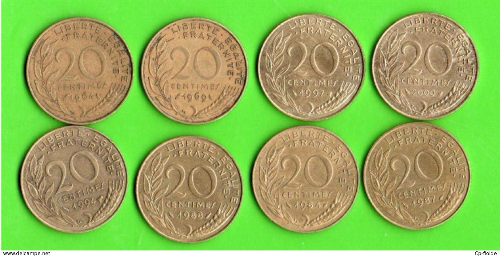 FRANCE 20 CENTIMES. MARIANNE LAGRIFFOUL. 1964, 1984, 1988, 1987, 1969, 1994, 2000, 1997. LOT DE 8 PIÈCES - Réf. N°288B - - 20 Centimes