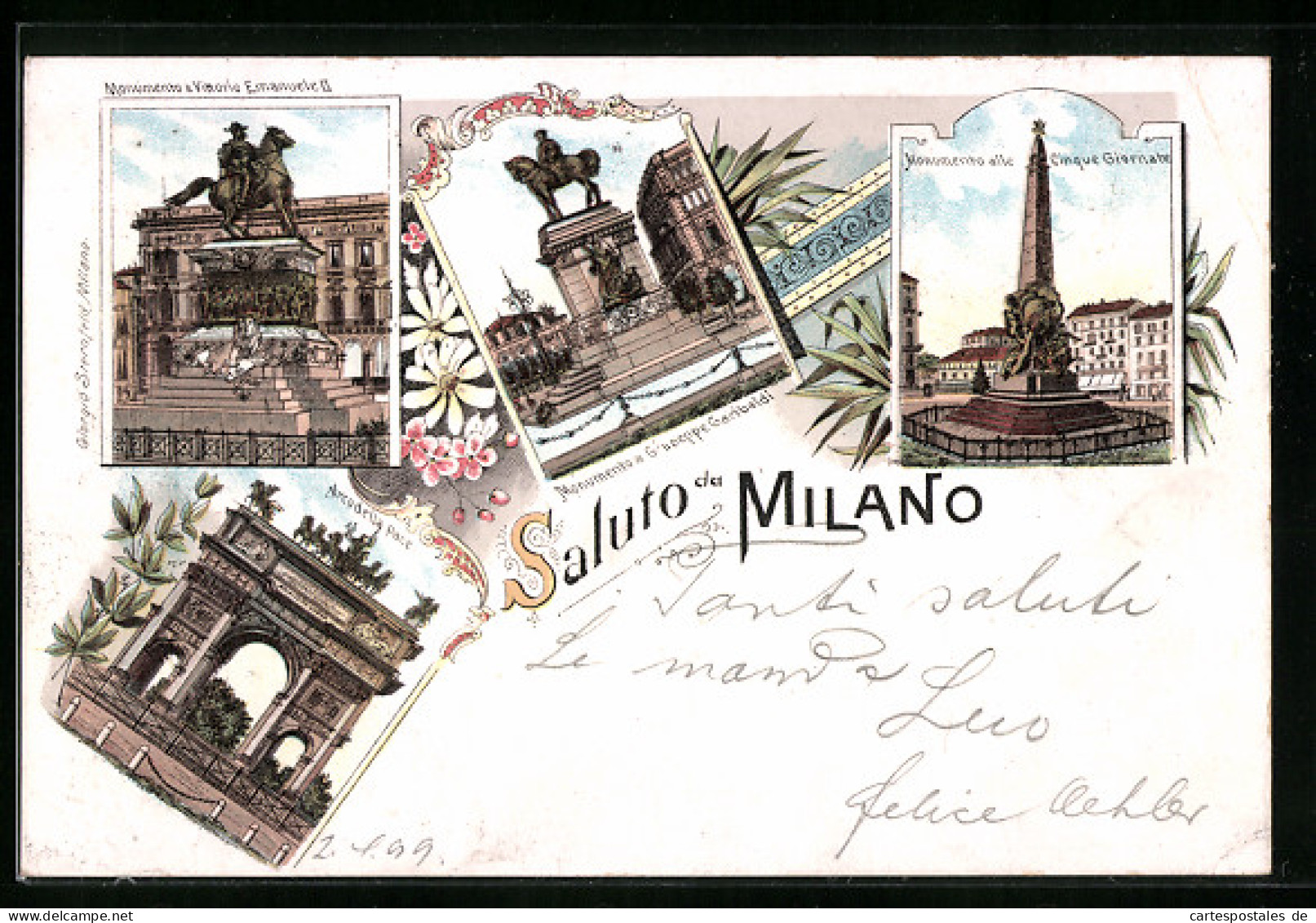 Lithographie Milano, Monumento A Vittorio Emanuele, Monumento A Giuseppe Garibaldi  - Milano (Milan)