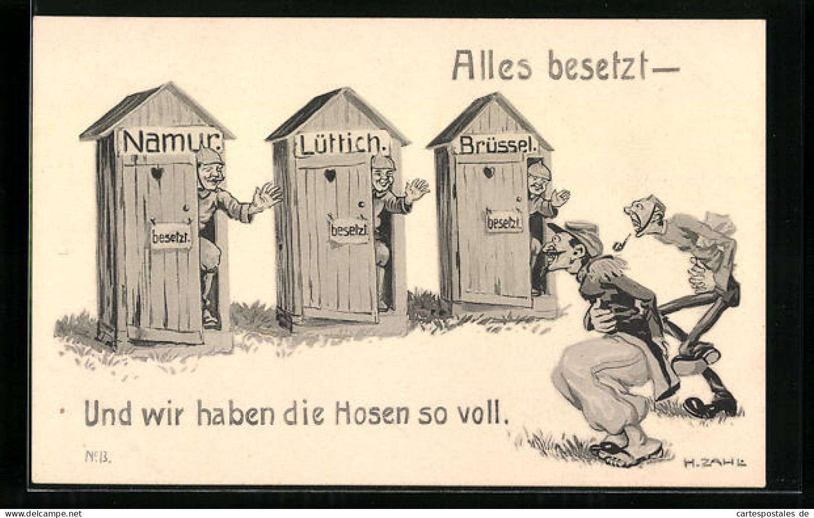 Künstler-AK H. Zahl: Toiletten Mit Ortsnamen Sind Besetzt, Propaganda 1. Weltkrieg  - Weltkrieg 1914-18