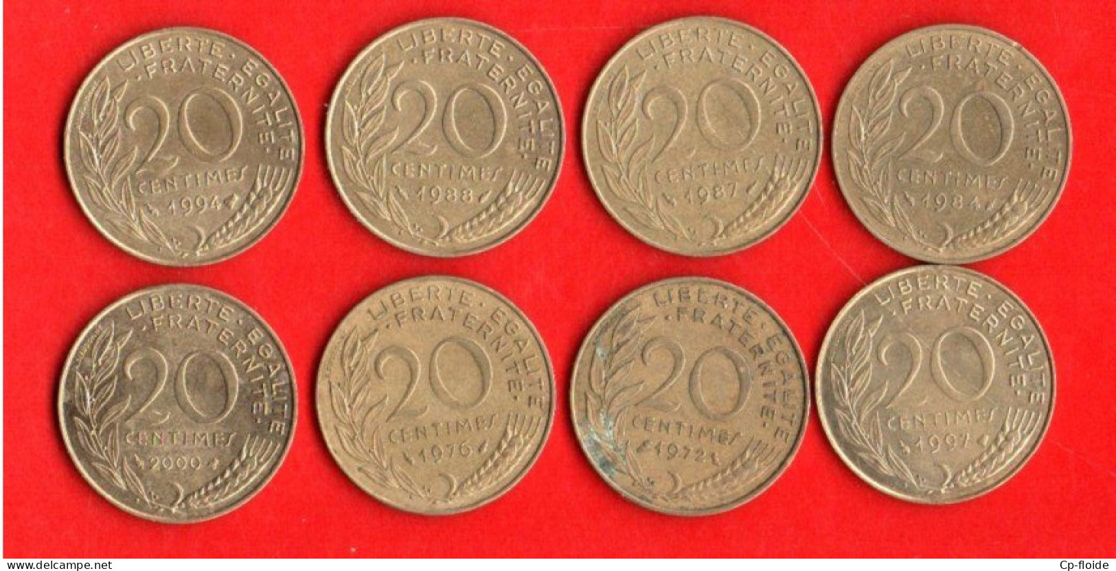 FRANCE 20 CENTIMES. MARIANNE LAGRIFFOUL. 1972, 1984, 1988, 1987, 1976, 1994, 2000, 1997. LOT DE 8 PIÈCES - Réf. N°289B - - 20 Centimes