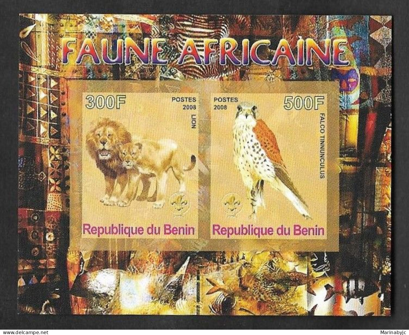 SE)2008 BENIN AFRICAN FAUNA, LION & VULGAR KEST FALCON, SOUVENIR LEAF, MNH - Benin – Dahomey (1960-...)