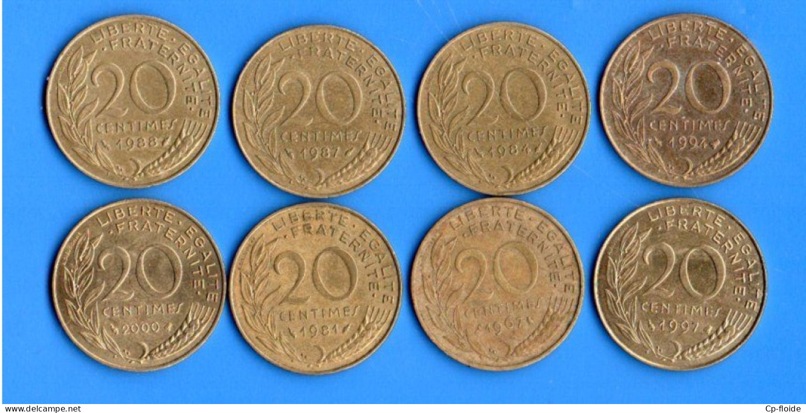 FRANCE 20 CENTIMES. MARIANNE LAGRIFFOUL. 1967, 1984, 1988, 1987, 1981, 1994, 2000, 1997. LOT DE 8 PIÈCES - Réf. N°290B - - 20 Centimes