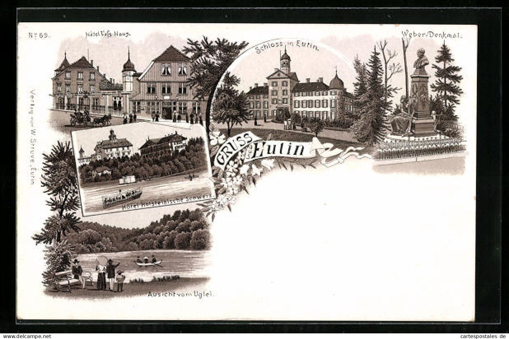 Lithographie Eutin, Hotel Holsteinische Schweiz, Schloss, Weber-Denkmal  - Eutin