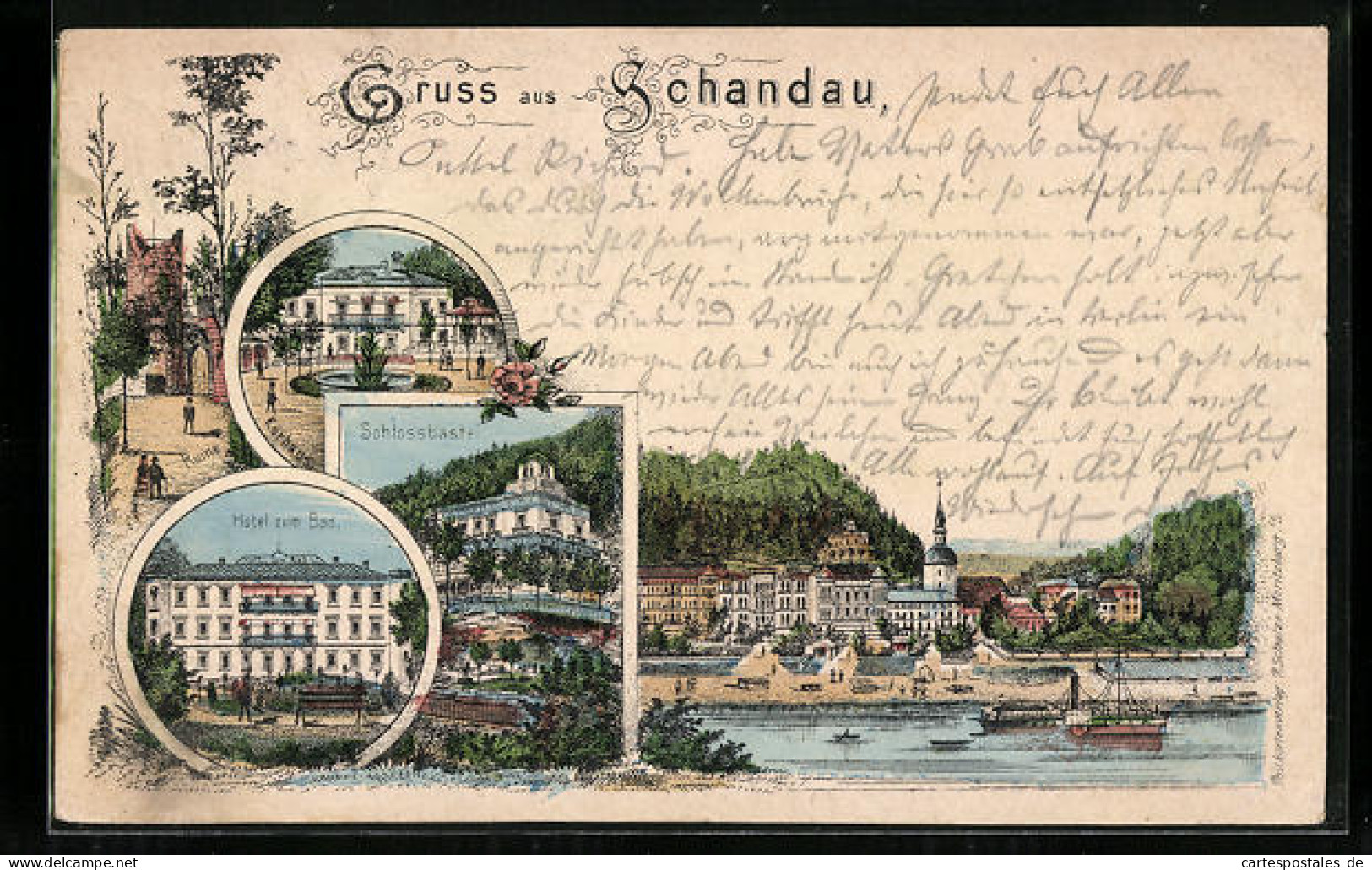 Lithographie Schandau, Schloss Bastei, Hotel Zum Bad, Ruine  - Bastei (sächs. Schweiz)