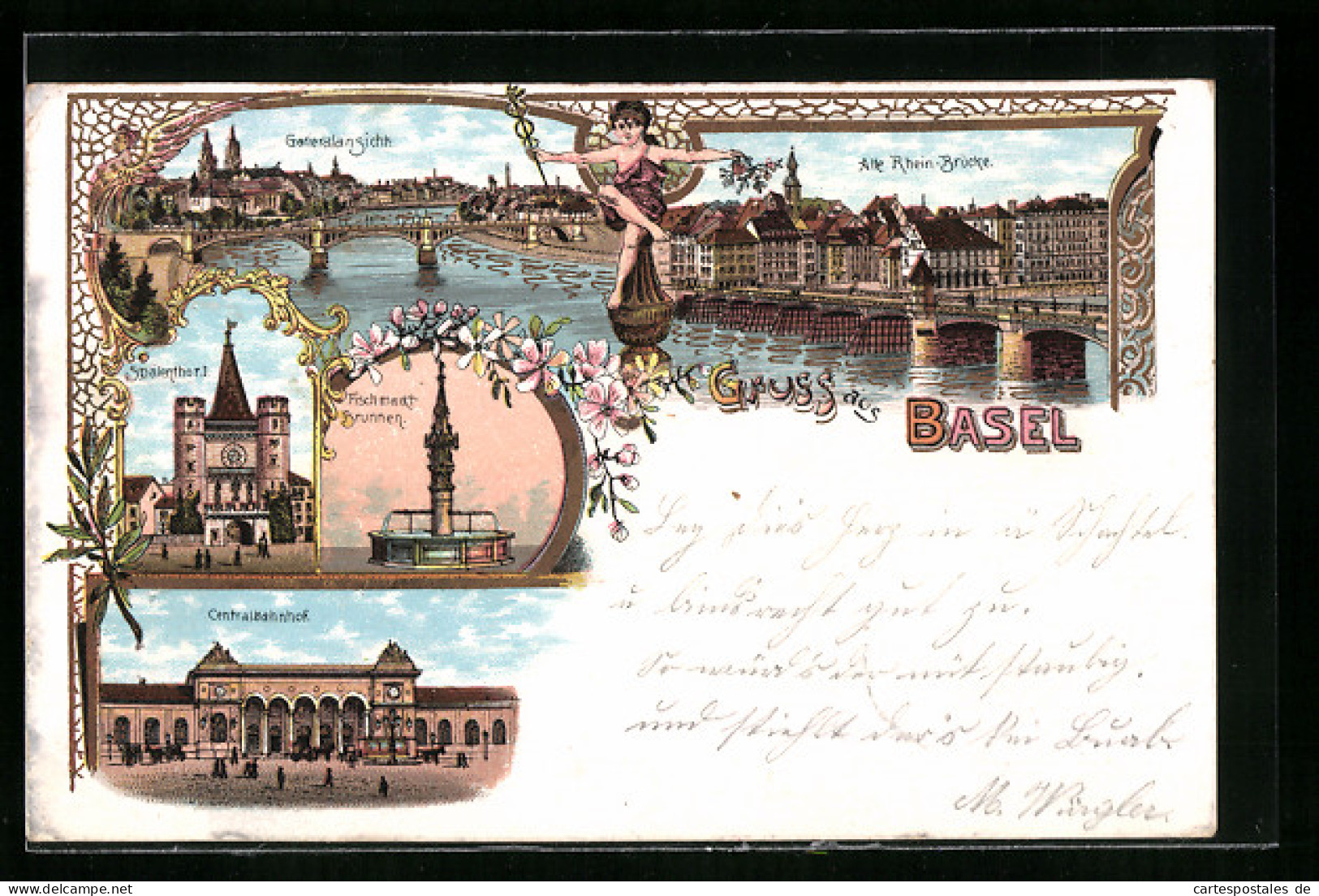 Lithographie Basel, Alte Rhein-Brücke, Spalenthor, Fischmarktbrunnen, Centralbahnhof  - Bâle