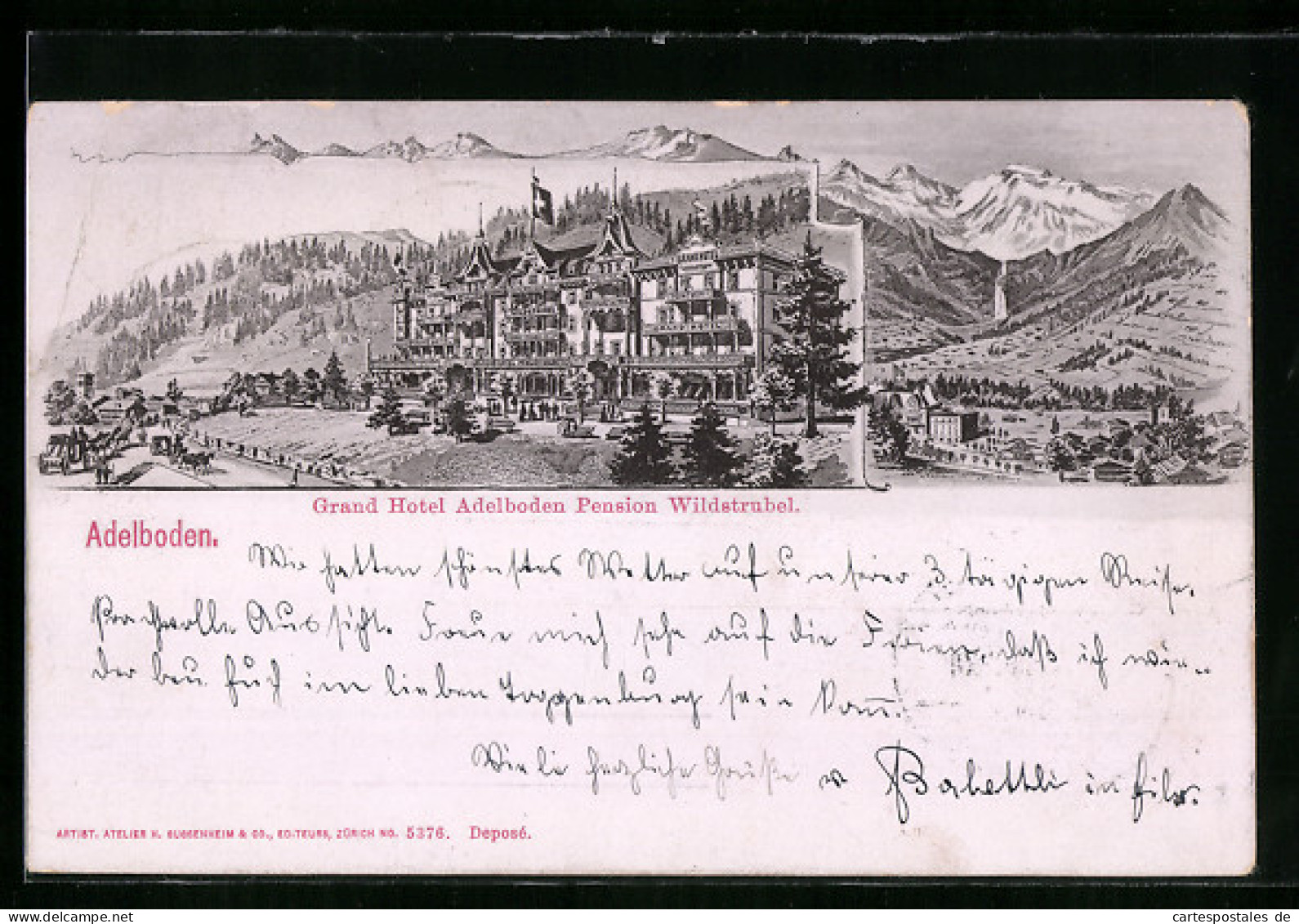 Lithographie Adelboden, Grand Hotel Adelboden, Pension Wildstrubel  - Adelboden