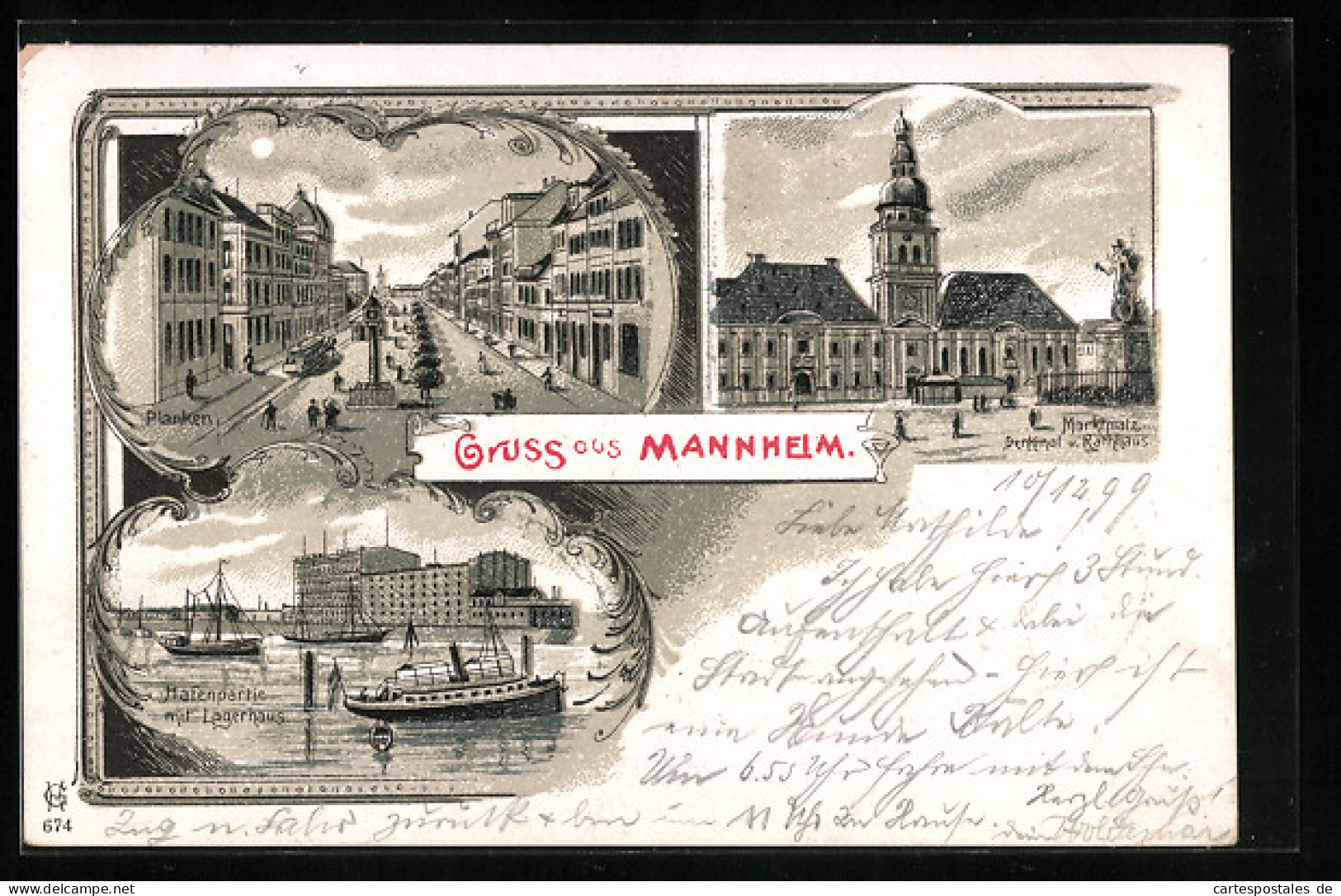 Lithographie Mannheim, Planken, Marktplatz Mit Denkmal Und Rathaus, Hafenpartie Mit Lagerhaus  - Mannheim