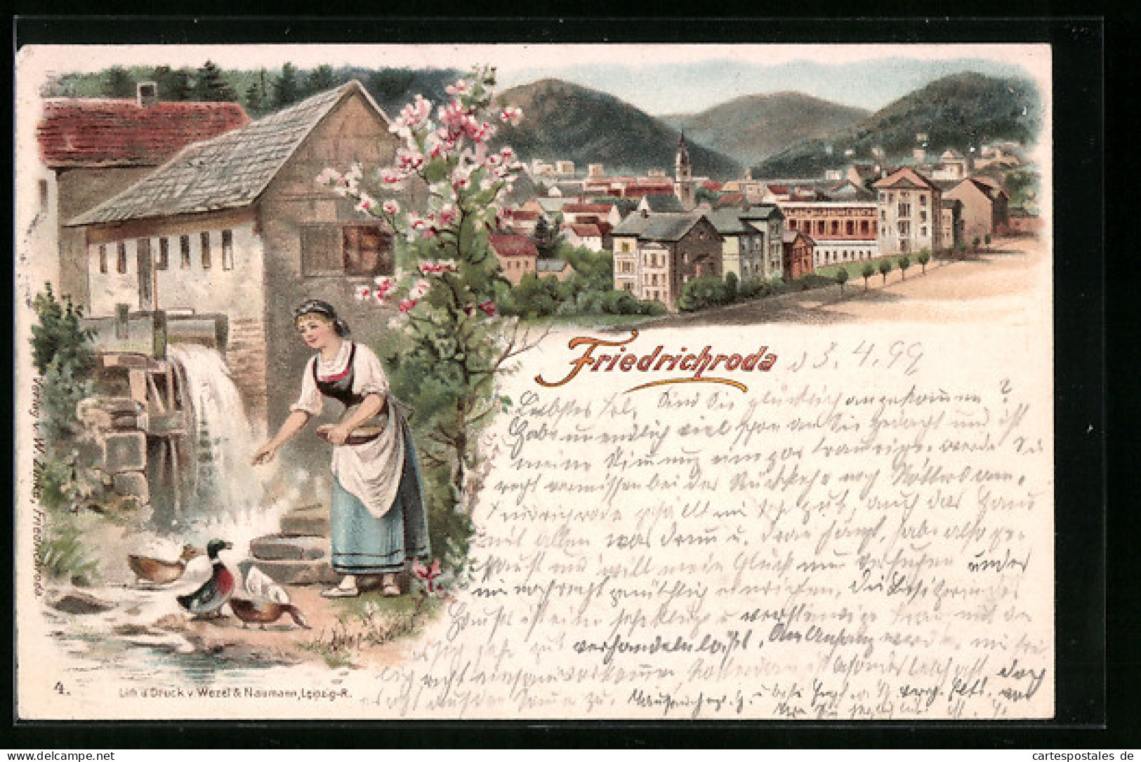 Lithographie Friedrichroda, Blick über Die Dächer Der Stadt, Magd In Tracht Füttert Enten  - Friedrichroda