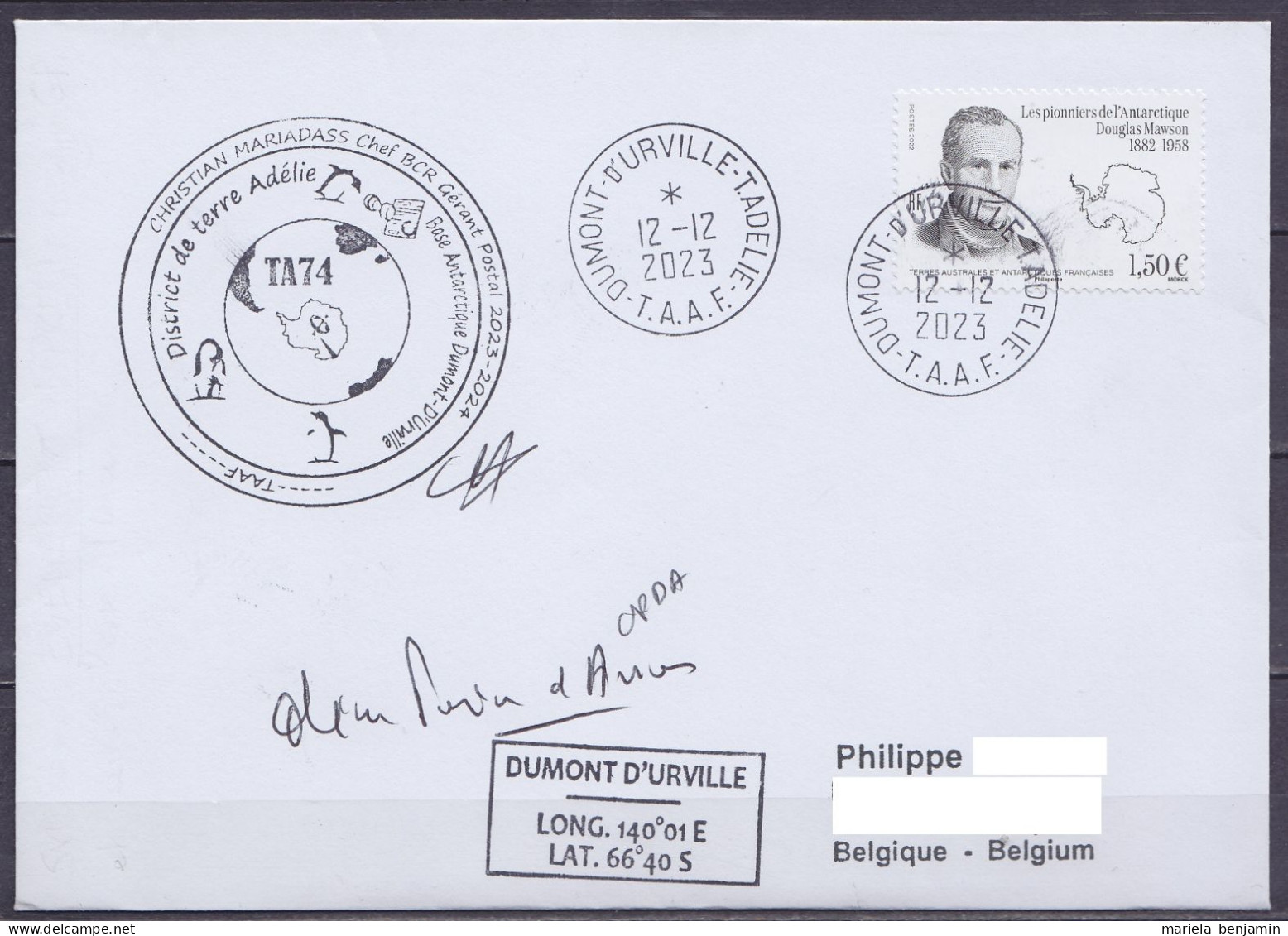 TAAF - Terre Adélie - Cachet & Sign. Chef BCR GP Gérant Postal TA73 - Càd Dumont D'Urville 12-12-2023 // Tad598 - Covers & Documents