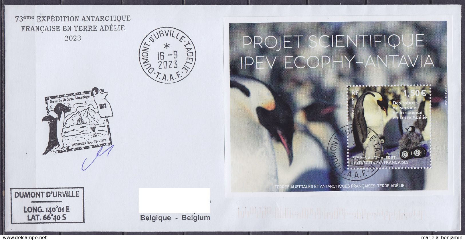 TAAF - Terre Adélie - Cachet ANTAVIA TA73 + Signature Responsable - Càd Dumont D'Urville 16-9-2023 / Bloc Manchots Emper - Covers & Documents