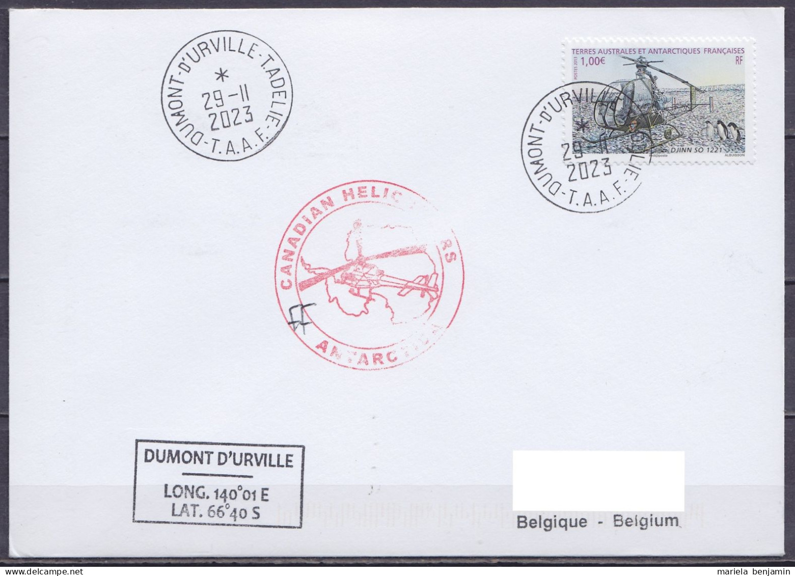 TAAF - Terre Adélie - Cachets Hélicoptères "Canadian Helicopters" + Sign. Pilote - Càd Dumont D'Urville 29-11-2023 // Ta - Covers & Documents